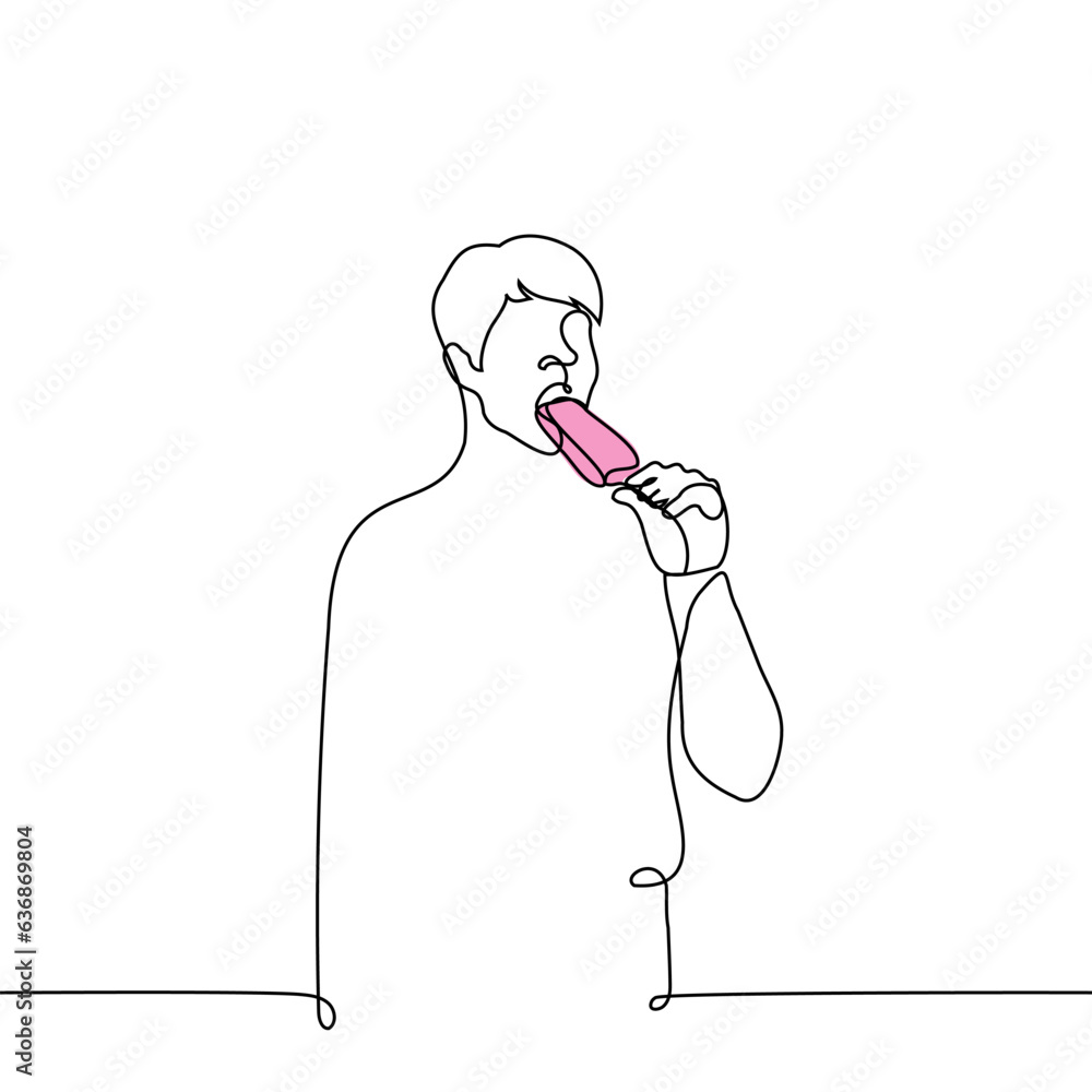 man eating pink popsicle - one line art vector. concept man eating strawberry ice cream on a stick man eating pink popsicle - one line art vector. concept man eating strawberry ice cream on a stick