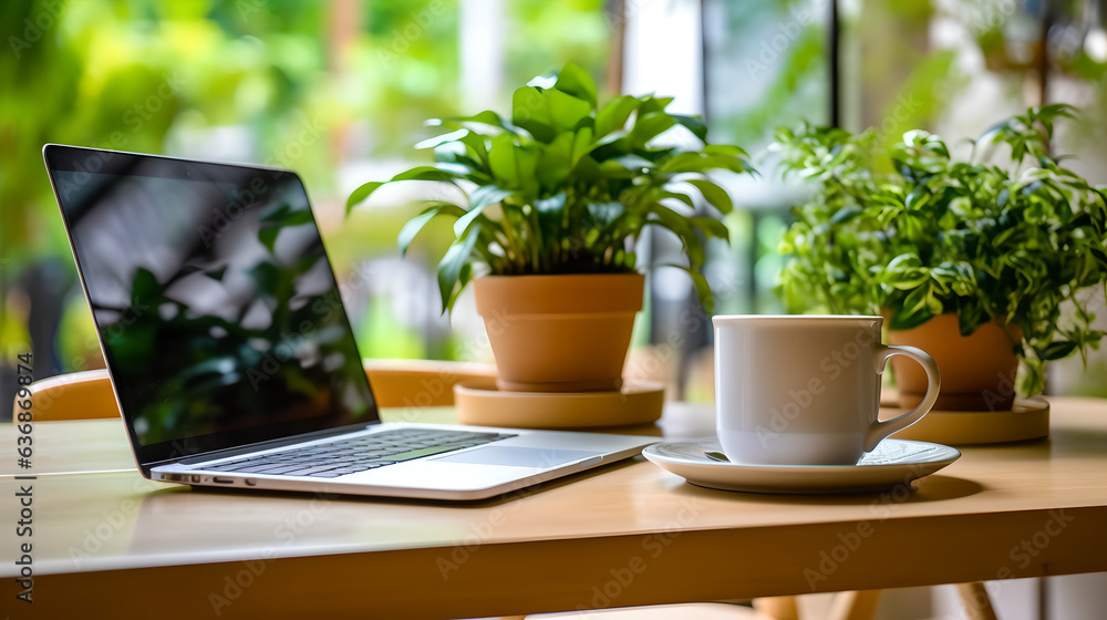 Modern freelancer workplace with laptop and cup of coffee on a wooden table and green plants on the background. Designers table concept. Close up, copy space, background. Modern freelancer workplace with laptop and cup of coffee on a wooden table and green plants on the background. Designers table concept. Close up, copy space, background.