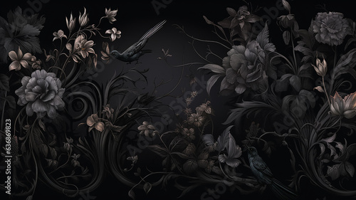 black flowers ornament on dark background gothic style