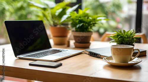 Modern freelancer workplace with laptop and cup of coffee on a wooden table and green plants on the background. Designers table concept. Close up, copy space, background.