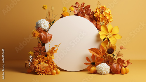 orange yellow autumn october round frame with flowers presentation studio background stagepodium abstract invitation photo