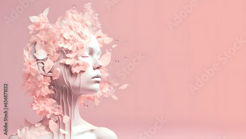 Wondrous minimalistic illustration portrait woman with pink flowers and liquid melting from her face.