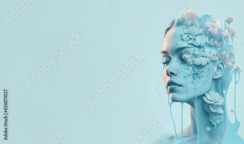 Wondrous minimalistic illustration portrait woman with blue flowers and liquid melting from her face.