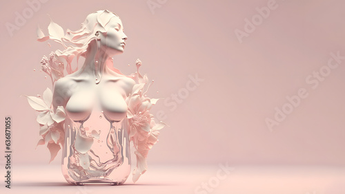 Wondrous minimalistic illustration silhuet woman body created by with pink flowers and glas