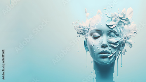 Wondrous minimalistic illustration portrait woman with blue flowers and liquid melting from her face.