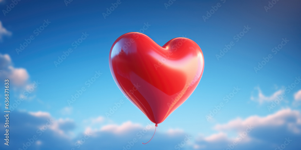 A red balloon in the shape of a heart is flying away into the blue sky. Letting go of my heart, Love heart balloons on cloud background, Valentine's day, generative ai