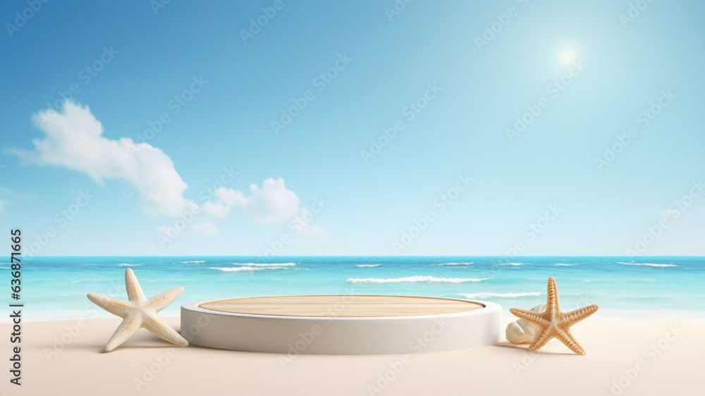 Obraz premium Podium with sea shells and starfish on sand beach on sea background, Mock up for the exhibitions, Presentation of products, Summer tropical background, generative ai