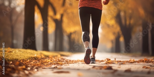 Close up of feet of a runner running in park at autumn morning. Healthy lifestyle concept. Marathon and fitness healthy lifestyle , generative ai