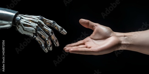 The touch of the hand of an android robot and a human.