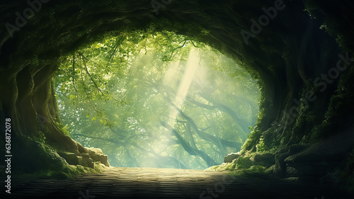 green forest tunnel arch corridor background with copy space. © kichigin19