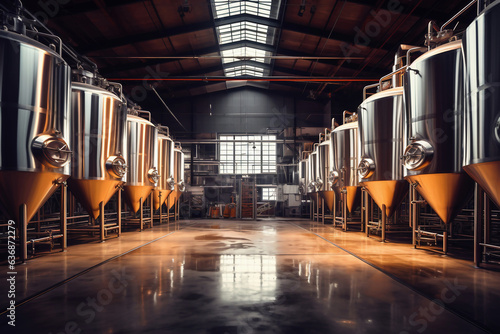 Fermentation mash vats or boiler tanks in a brewery factory. Brewery plant interior. Factory for the production of beer. Modern production of draft drinks. Selective focus.