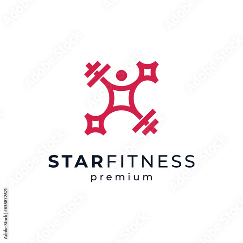 bodybuilder with barbells and stars for fitness logo