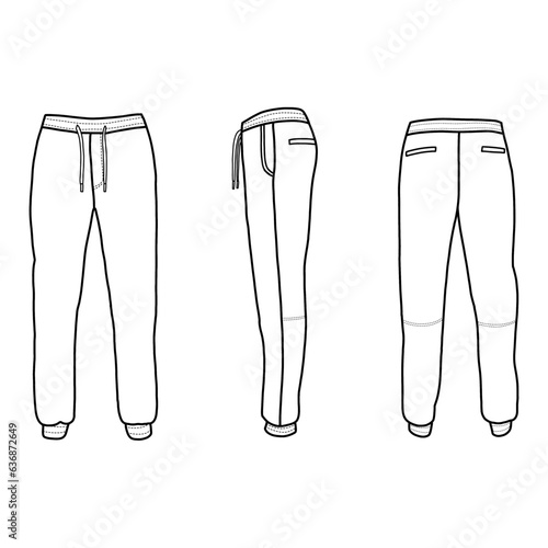 Technical sketch drawing of mens Jogger Pants vector template, front, back and side view, isolated on white background, editable color and stroke.