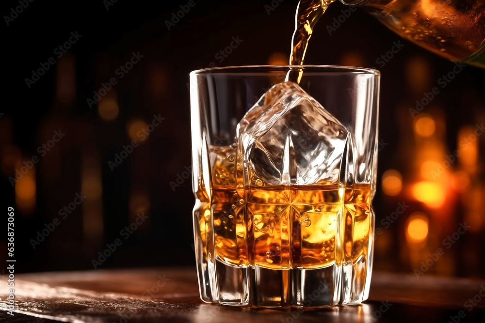 The bartender pours whiskey into a glass with ice on the bar counter. close-up. Blurred background. Elite alcoholic drink. The bartender pours whiskey into a glass with ice on the bar counter. close-up. Blurred background. Elite alcoholic drink.