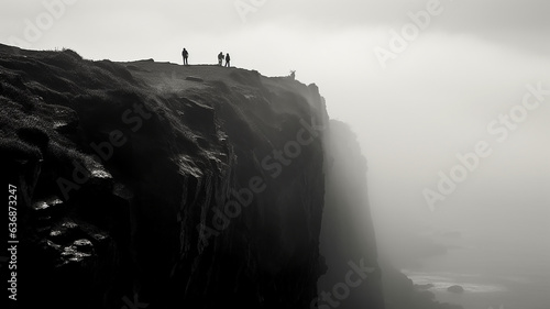 black and white photo cliff in the mountains in a foggy abyss landscape.