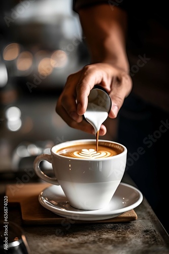 Coffee, coffee with milk, milk is put into the coffee in the cup.