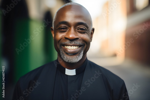 Photo portrait of smiling poc priest wearing collar with blurred background