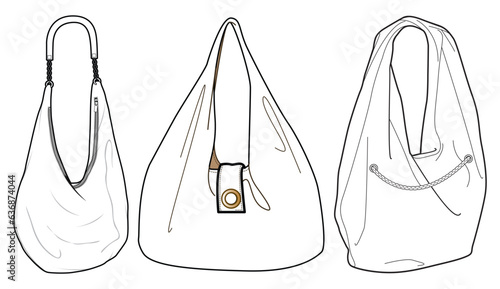 Hobo bag flat sketch fashion illustration drawing template mock up, Shoulder bag cad drawing. Carry bag flat sketch vector
