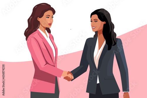Two women standing and dressed in suits, shaking hands to close a business deal. 
Two businesswomen clasping hands.