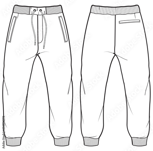 Men's Jogger bottom front and back view flat sketch fashion illustration, Knitted track pants vector template, Sweatpants design drawing