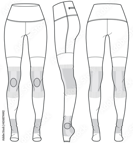 Sports running tights leggings Pants design flat sketch vector illustration drawing. Compression pants with front and back view for fitness, and active wear pants design for men and women