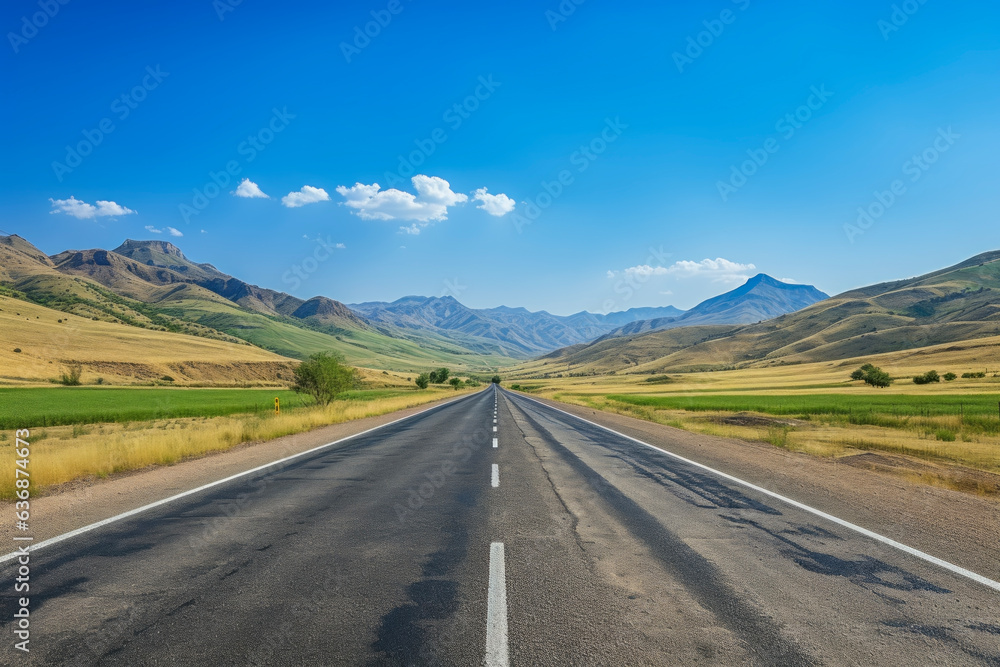 Straight very long asphalt road in a Beautiful mountain landscape with a blue sky in the background. good business concept for life and success.