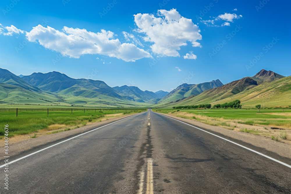 Straight very long asphalt road in a Beautiful mountain landscape with a blue sky in the background. good business concept for life and success.