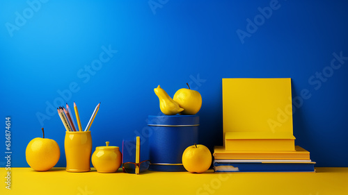 blue background yellow school supplies bright invitation back to school.