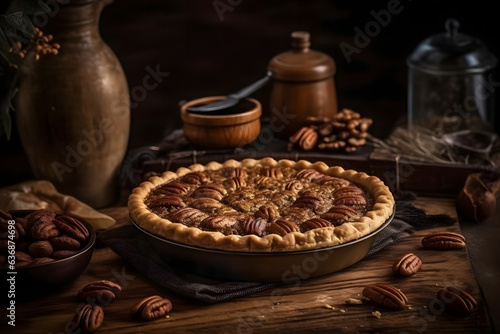 Pecan Pie, sweet, nutty filling in a buttery crust, Thanksgiving atmosphare