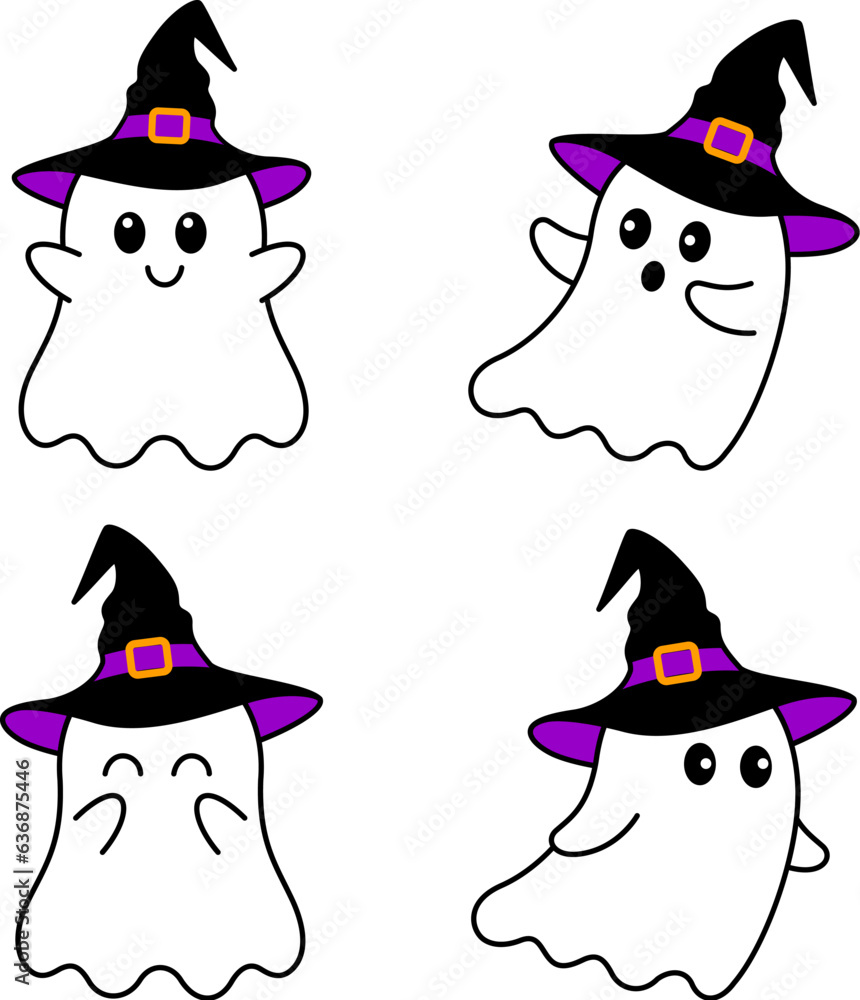 Set of cute halloween ghost with witch hat. Halloween charater design, vector illustration. Set of cute halloween ghost with witch hat. Halloween charater design, vector illustration.
