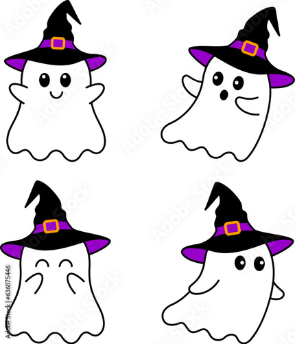 Set of cute halloween ghost with witch hat. Halloween charater design, vector illustration.