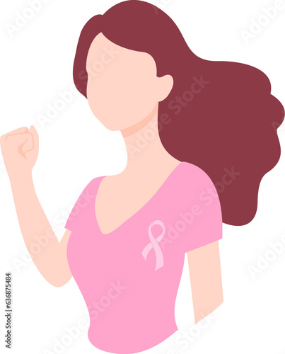 Woman in pink raised fist. Breast cancer awareness month. Vector illustration.