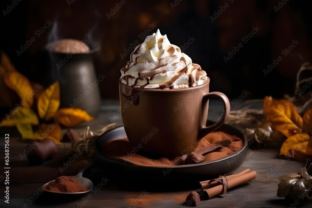 Hot Chocolate, rich warm chocolate beverage with whipped cream, fall atmosphare Hot Chocolate, rich warm chocolate beverage with whipped cream, fall atmosphare