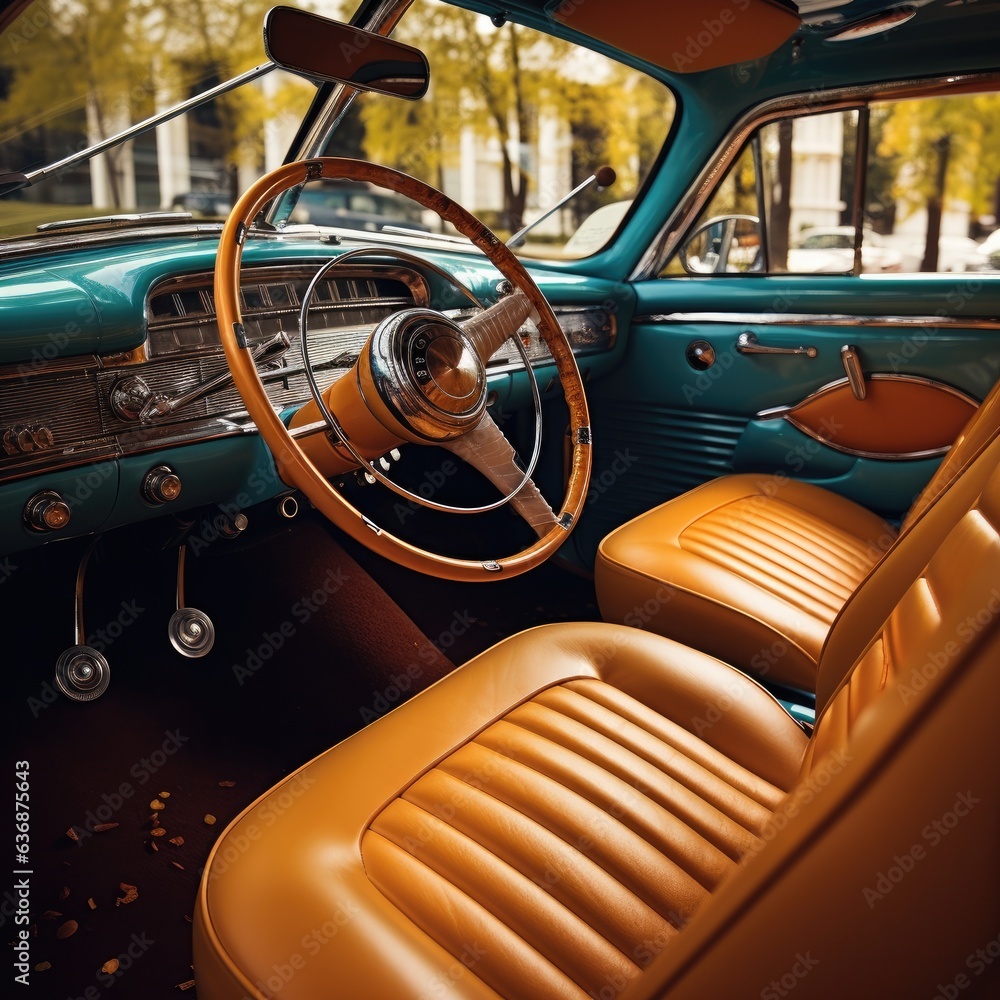 Beautiful interior of a stylish old car. Vintage car. Generative AI.