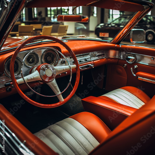 Beautiful interior of a stylish old car. Vintage car. Generative AI. © Simona