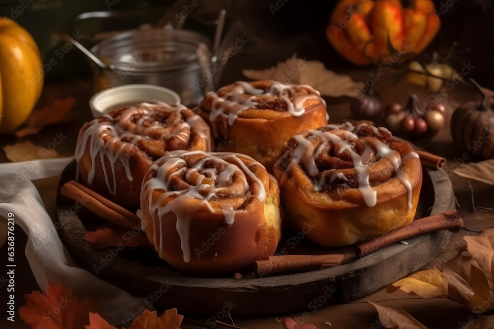 Cinnamon Rolls, fluffy, cinnamon-spiced pastries with icing, fall atmosphare