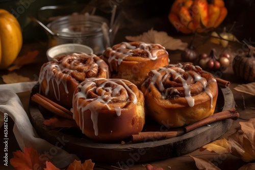 Cinnamon Rolls, fluffy, cinnamon-spiced pastries with icing, fall atmosphare