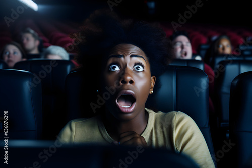 black woman in cinema terrified reaction