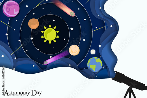 International Astronomy Day Banner. Solar System emerging from telescope. Paper cutout design style. Planets, moon, Earth, Sun, stars, comets, meteor. Astrology, astronomy, outer space. Vector. EPS
