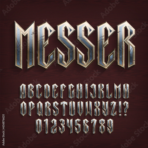 Messer alphabet font. Damaged metal letters and numbers on a wooden background. Stock vector typescript for your typography design.