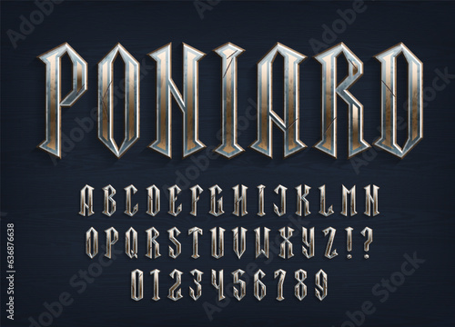 Poniard alphabet font. Medieval metal letters and numbers on a wooden background. Stock vector typescript for your typography design.
