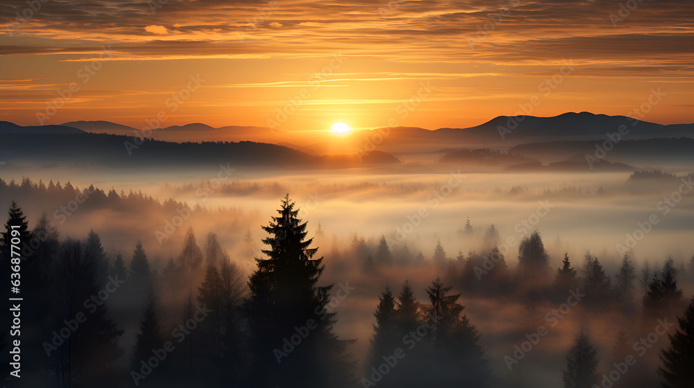 Mystic Twilight: Fog-Enveloped Forest with Mountain Backdrop at Sunset