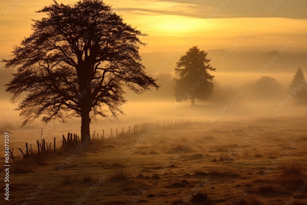 Sunrise over a misty landscape with a tree in the foreground. Misty morning. Foggy morning.