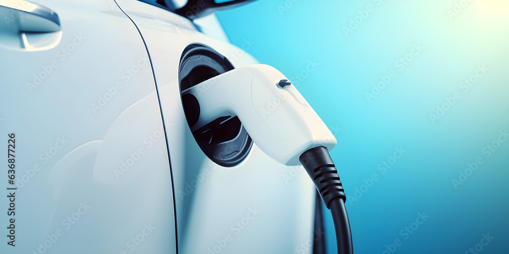 close up of white electric car connected to charger on blue background with copy space