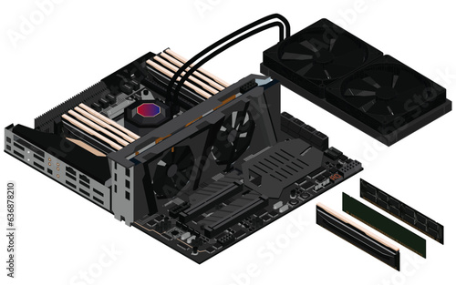 An illustration of the components of a basic computer.computer technology in the workplace, isometric ,3d rendering