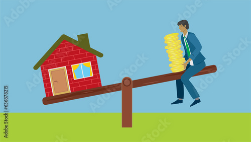 Man with money on one side of teeter board, the other side with a house. Balance in economy in buying or renting house, real estate. Dimension 16:9. Vector illustration.