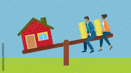 Man and woman with money on one side of teeter board, the other side with a house. Balance in economy in buying or renting house, real estate. Dimension 16:9. Vector illustration