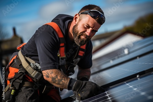 Technicians installing solar panels on roofs of houses and home offices Save energy and save money. own a small business © Attasit