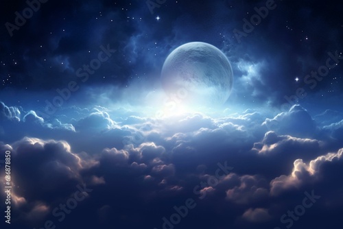 a shining full moon peeking through clouds in the night sky. Generative AI