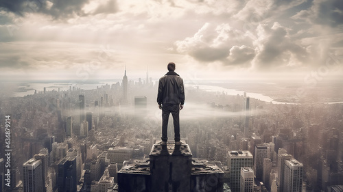 a man stands on the roof of a skyscraper overlooking the metropolis. © kichigin19